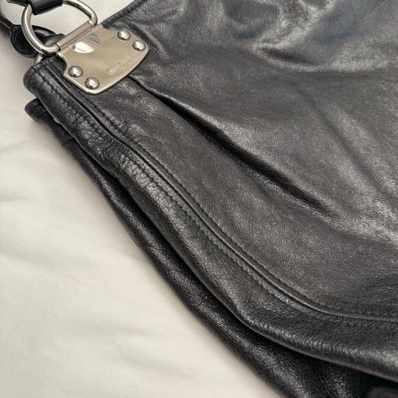 Miu Miu Designer Black Glaze Nappa Leather Silver Tone Satin Hobo Shopper Tote - Picture 5 of 13